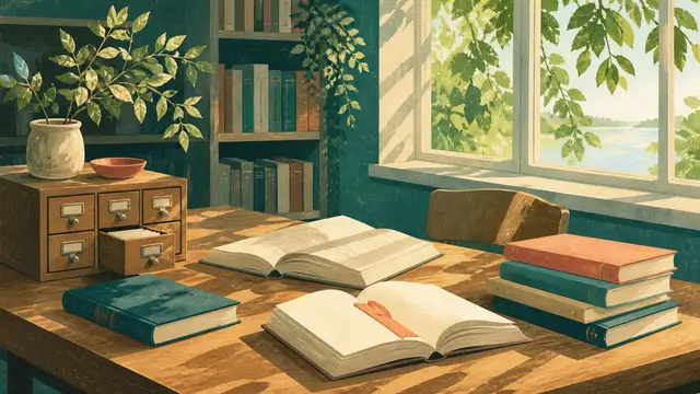 Редакційна ілюстрація літнього читального столу з книжками й картотекою