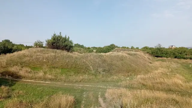 Зелені й сухі трави на земляних валах Кодацької фортеці у Старих Кодаках під серпневим небом