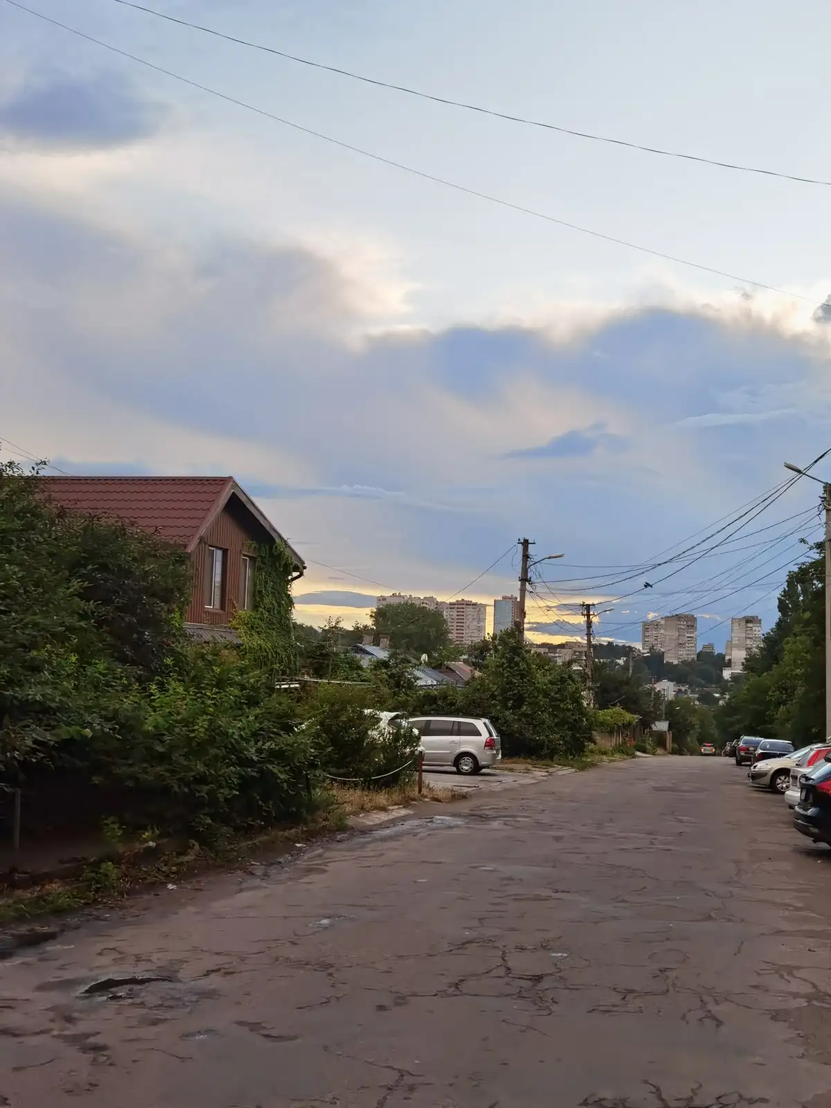 Літня вулиця Леоніда Стромцова з зеленими садибами, спуском до багатоповерхової забудови та вечірнім небом