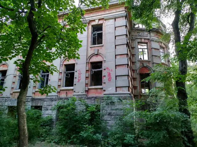 Бічний фасад Палацу профілактики серед дерев у Дніпрі