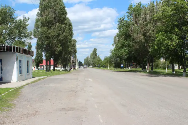 Широка вулиця з деревами та невисокою забудовою у Перещепиному