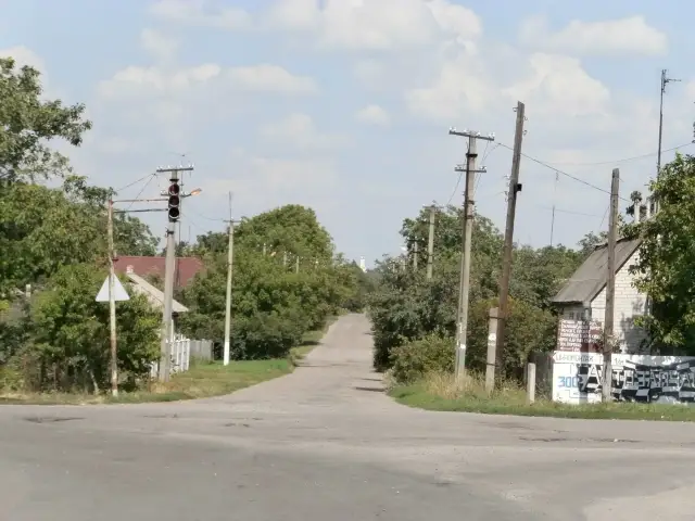 Перехрестя вулиць із приватною забудовою й деревами у П’ятихатках